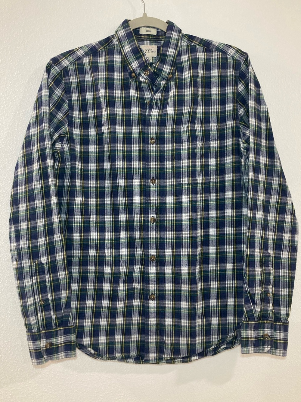 J. Crew Men’s Small Slim Fit Brushed Twill Blue Green White Plaid Flannel Shirt